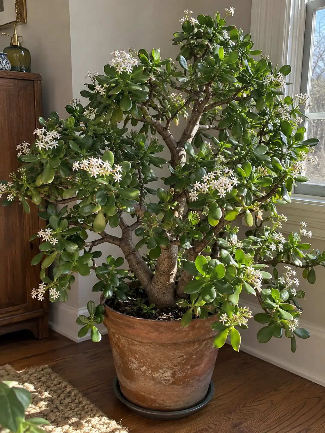 Large flowering jade plant beside a sunny window