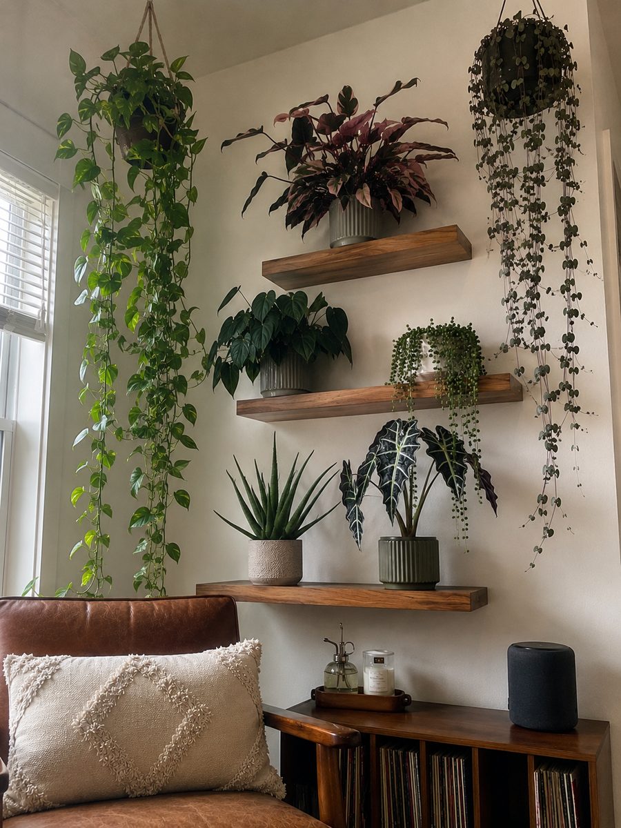 A corner of floating shelves filled with houseplants