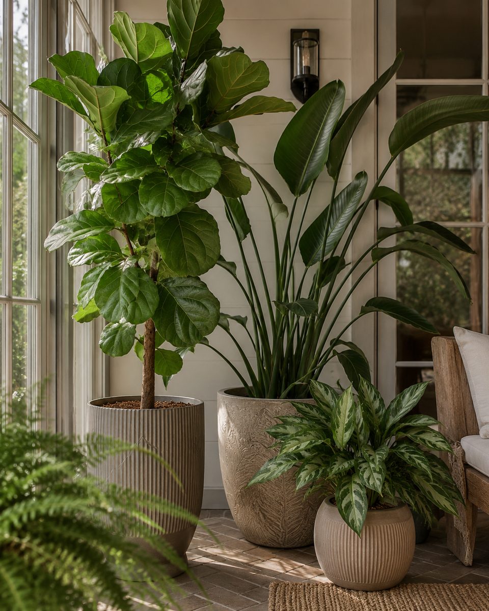 Large plants in a bright sunroom